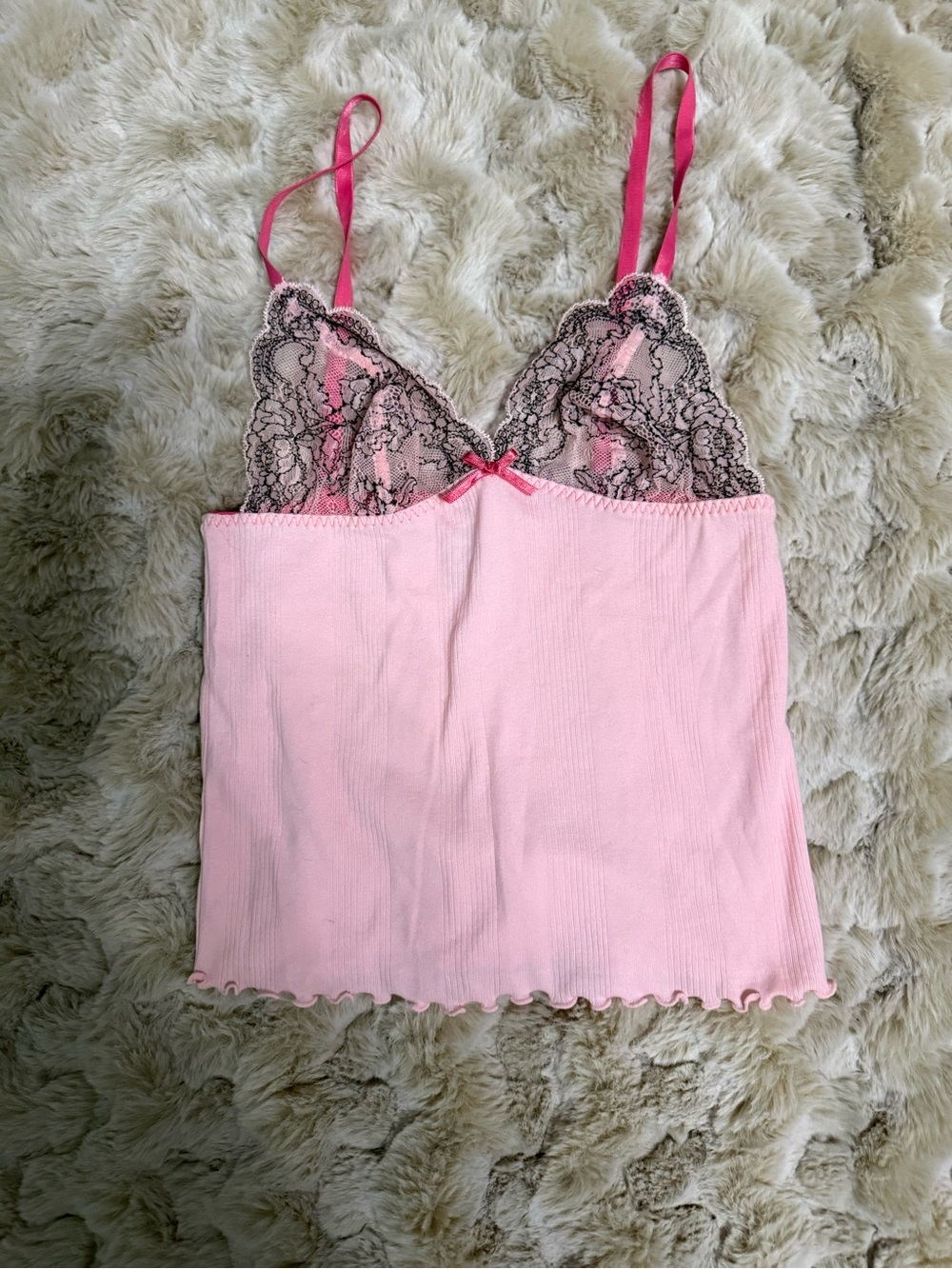 Y2K DKNY Coquette Pink Camisole Top with Black Lace